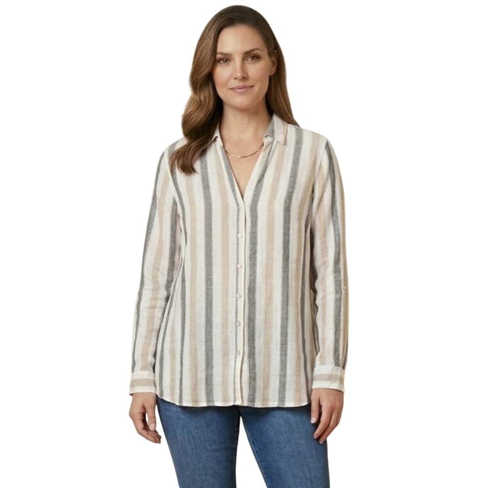 Tahari Button Down Shirt Womens Medium Tan Gray Striped Linen Blend Roll Tab Sle